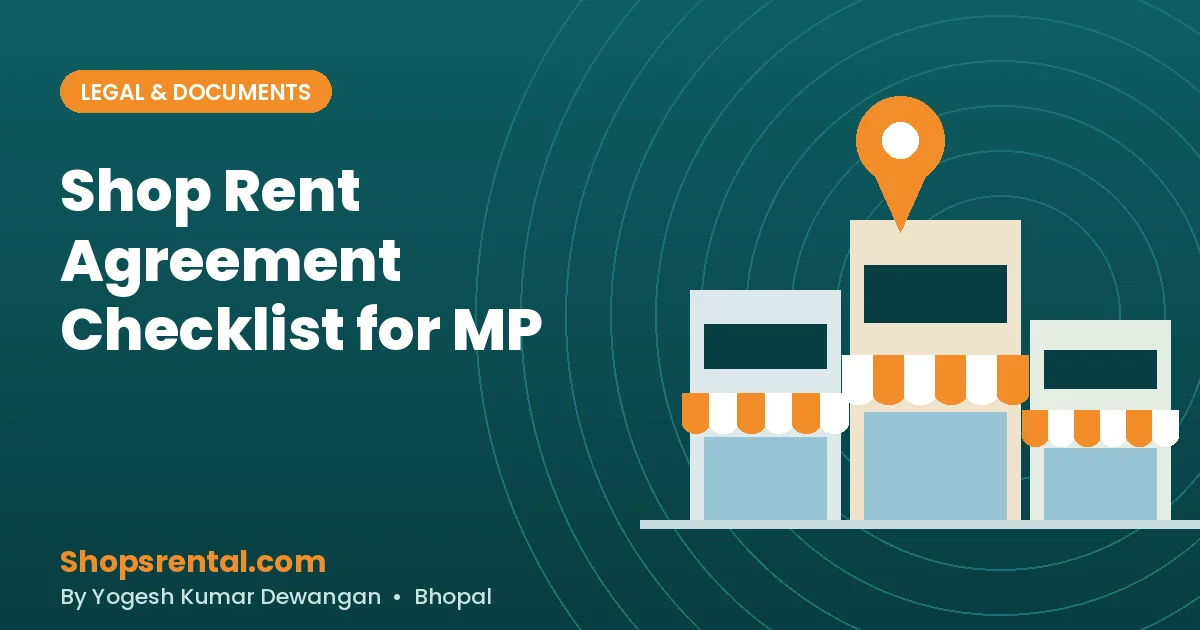 Infographic checklist of key shop rent agreement clauses, stamp duty and registration steps in Madhya Pradesh